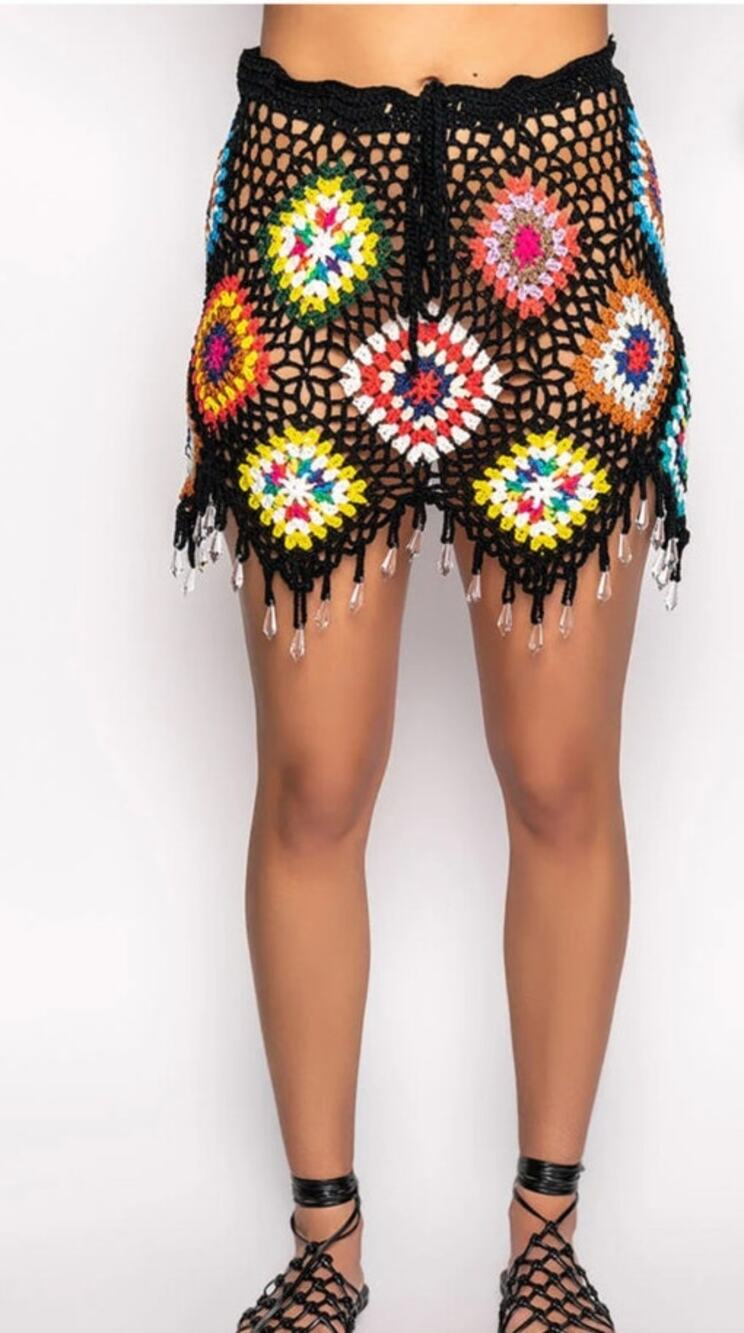 Micas Granny Square Crochet Rhinestone Beach Coverup Skirt - M